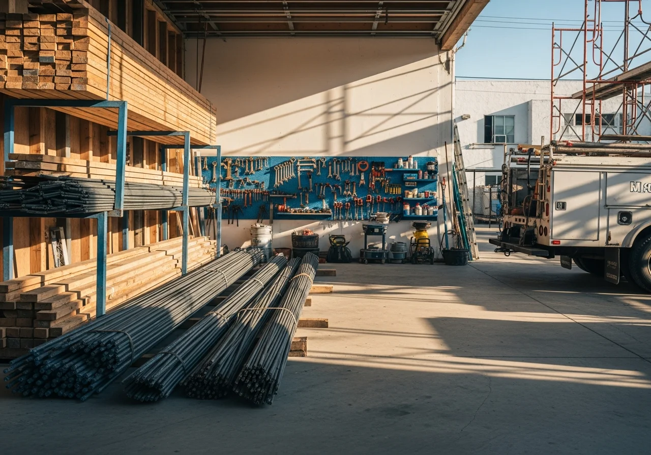 Construction site with tools, materials, and equipment ready for residential building or remodeling work.