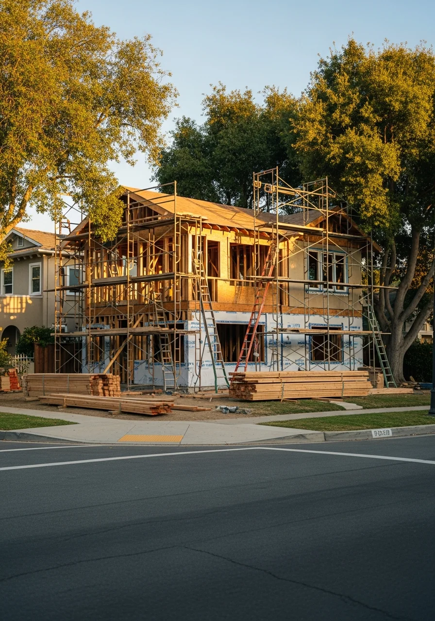 Contractor team standing in front of a Burbank home during an active project.