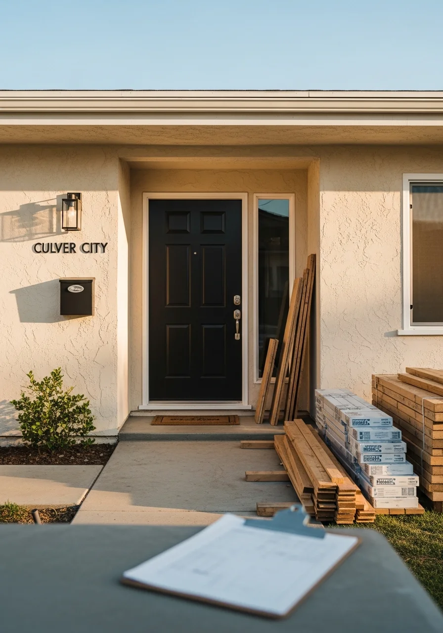 Contractor team reviewing project details at a Culver City residential property entrance.