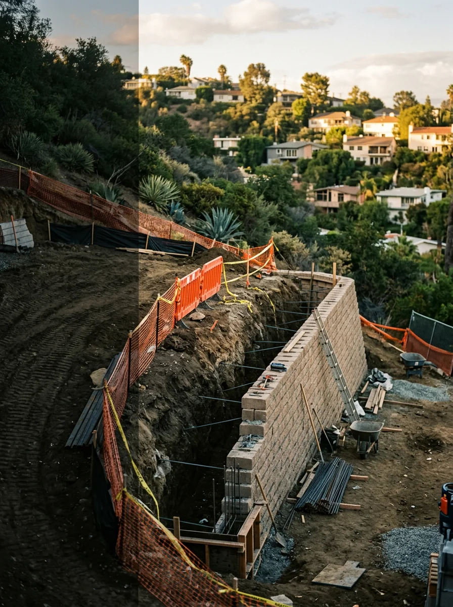 Retaining wall and grading work on an Echo Park hillside construction site with fire-resistant materials and safety barriers