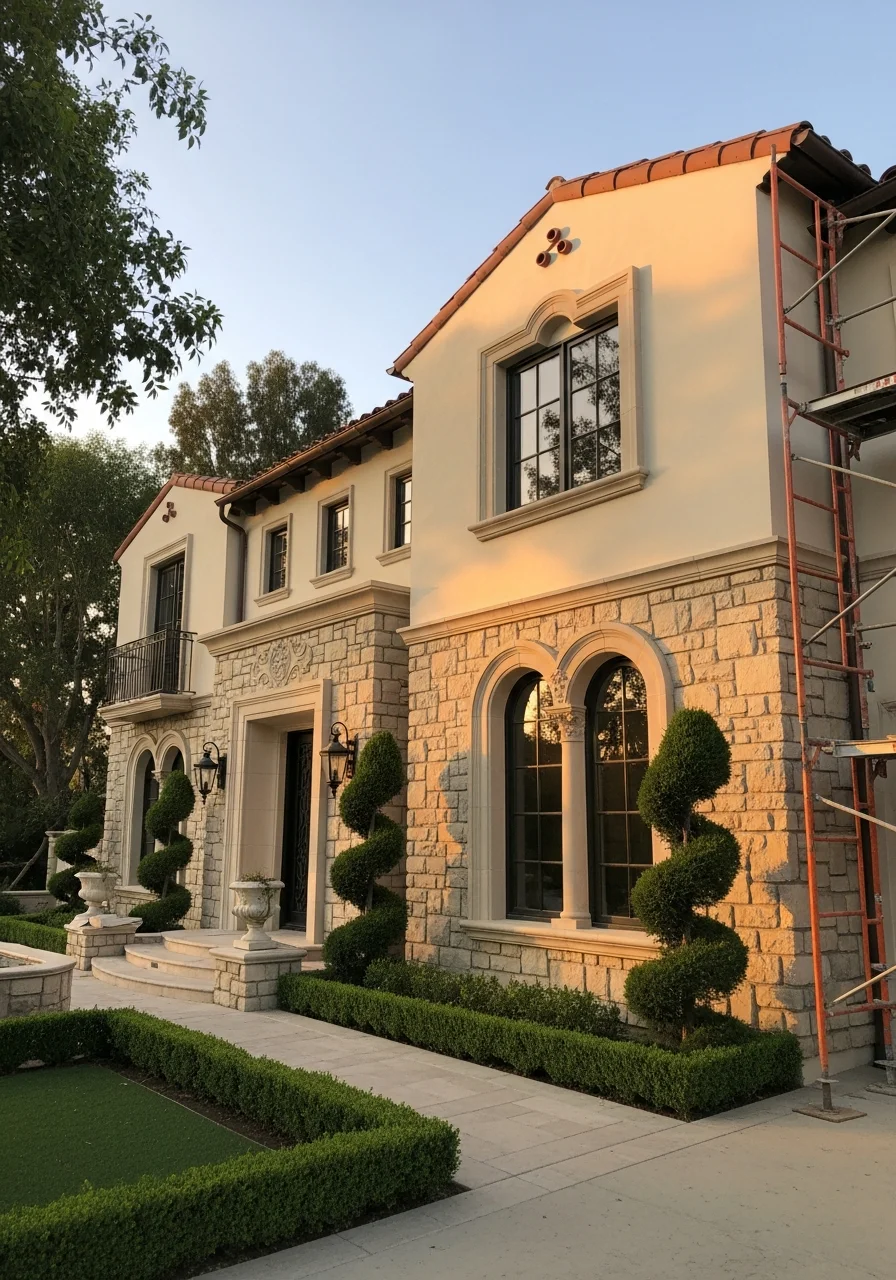 Skilled tradesperson working on detailed exterior work at an Encino residential property.