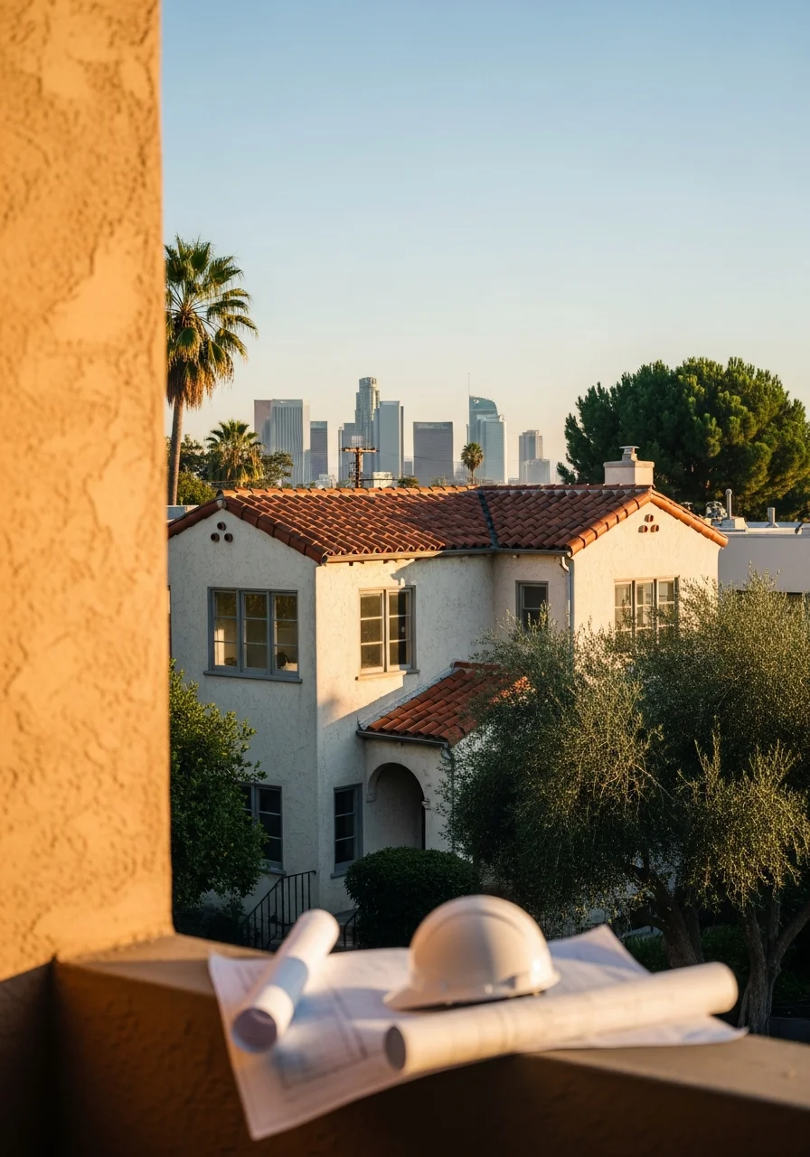 Crew member reviewing plans on a Los Angeles residential property with city skyline visible.