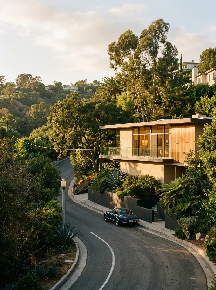 Mid-century modern home with clean lines and large windows nestled in Los Feliz hillside