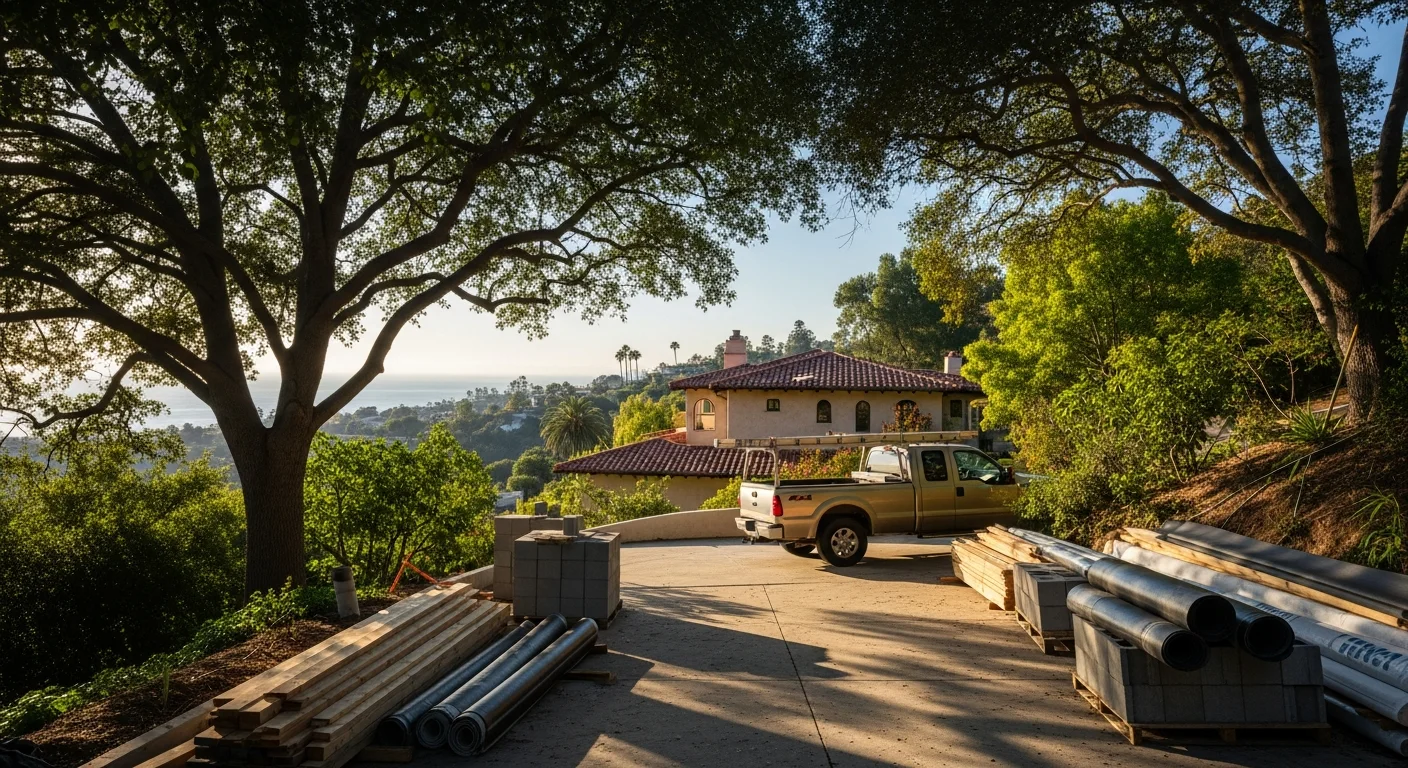 Hillside home in Pacific Palisades with mature trees and coastal view in the distance.