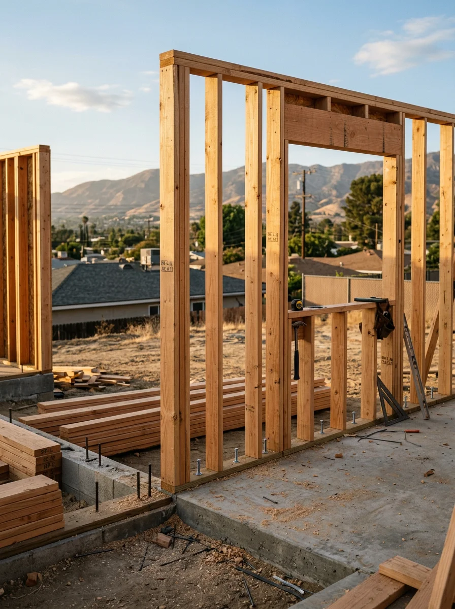 Construction site in San Fernando Valley showing new framing and foundation work with valley terrain visible