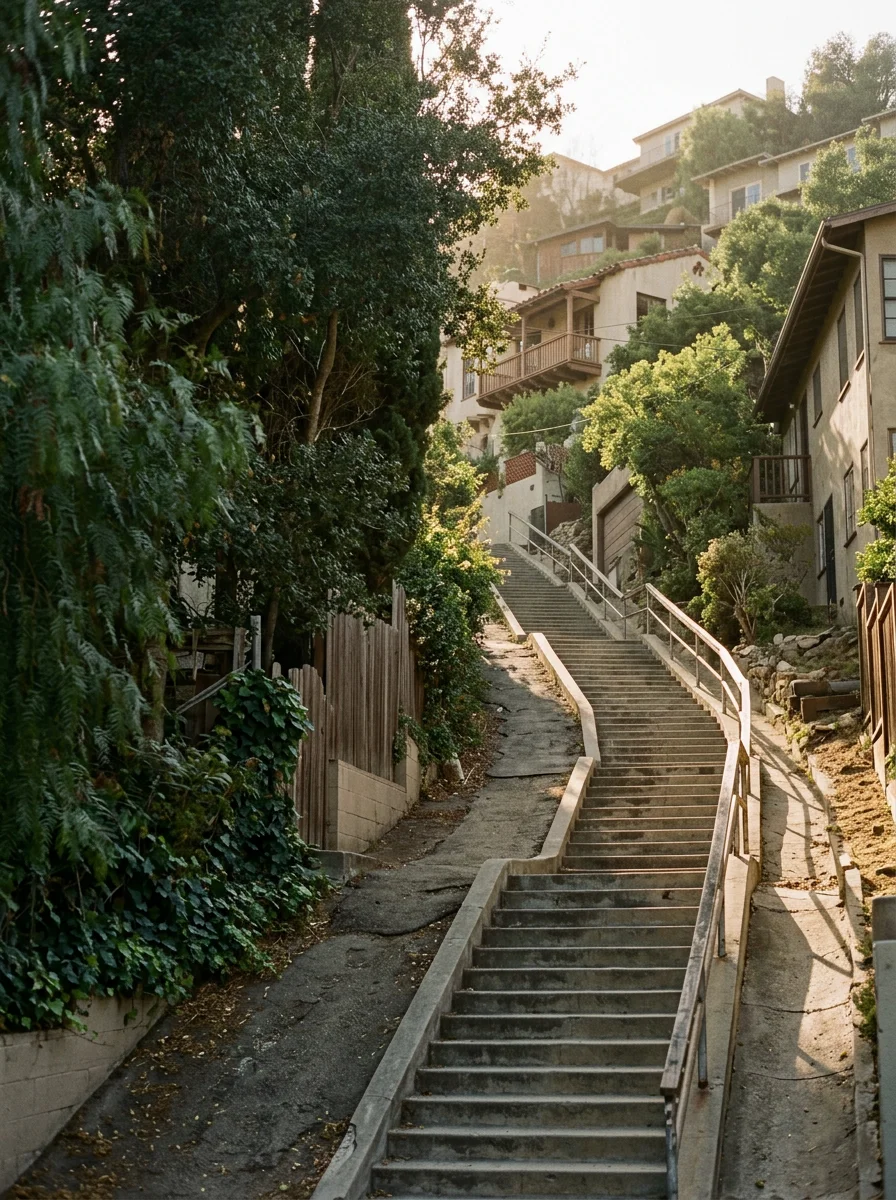 Steep hillside lot with stair street access and mature vegetation in Silver Lake neighborhood
