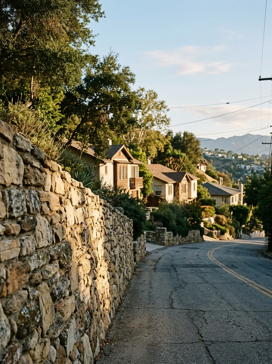 Terraced hillside home with retaining walls and canyon views in Studio City, California