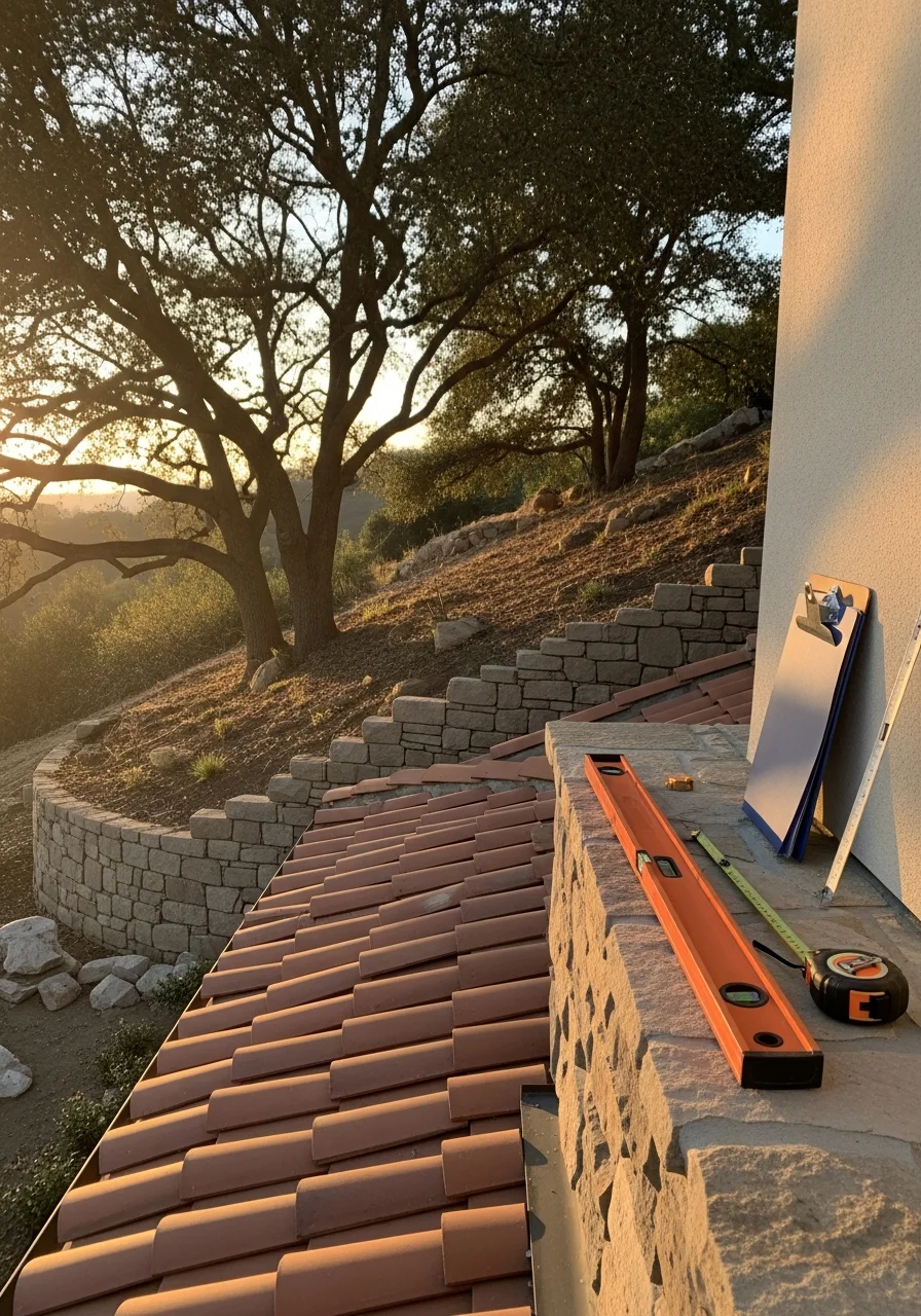 Crew member inspecting exterior work at a Woodland Hills residential property on sloped terrain.