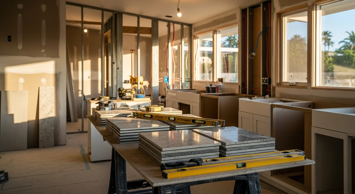 A fully remodeled Pacific Palisades home interior showing an open-concept living and kitchen area with updated flooring, cabinetry, and natural light from large windows. The renovation reflects the coastal contemporary style common to homes in the Pacific Palisades area of Los Angeles.