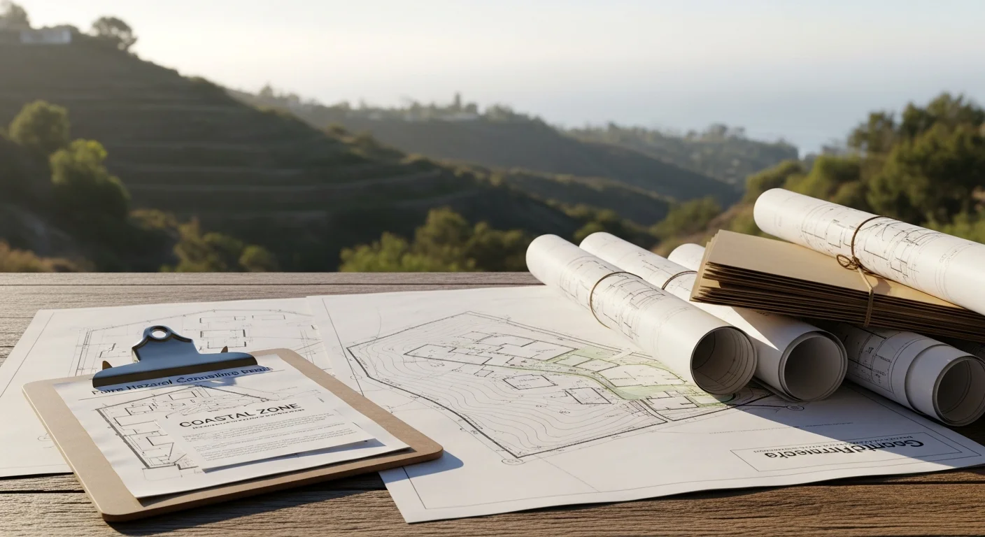 A construction consultant and homeowner reviewing project plans on a hillside residential lot in Pacific Palisades, CA. The site shows a sloped terrain with an existing residential structure and canyon views in the background.