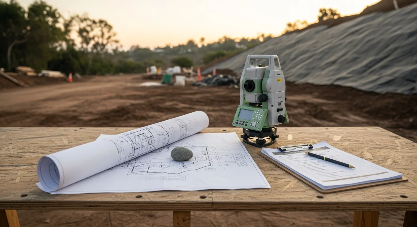 A general contractor reviewing construction plans on a hillside residential project site in Pacific Palisades, CA, with framed structure and coastal terrain visible in the background. Site shows active coordination between trades during the construction management phase.
