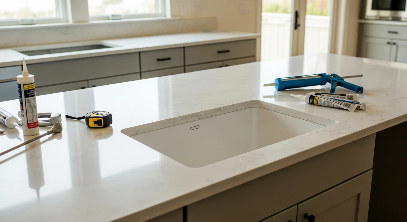 Newly installed stone countertop in a Pacific Palisades kitchen, showing clean seams, an undermount sink cutout, and a large island surface with natural light from nearby windows. The finished surface reflects the open-concept layout common in coastal Pacific Palisades homes.