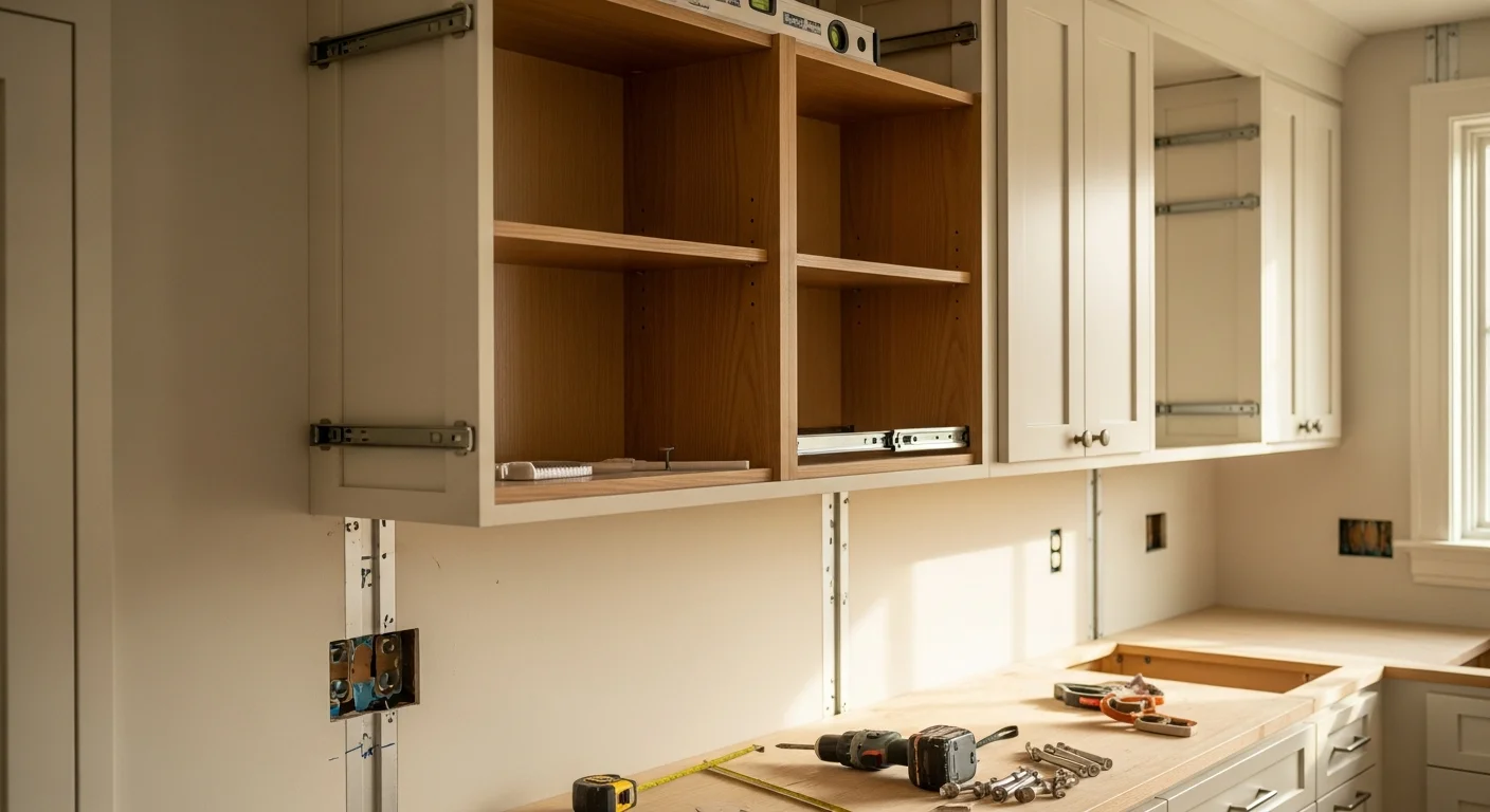 Newly installed custom kitchen cabinets with shaker-style doors and built-in drawer organizers inside a Pacific Palisades, CA home. Floor-to-ceiling cabinet run shows consistent alignment and clean hardware placement along a bright kitchen wall.