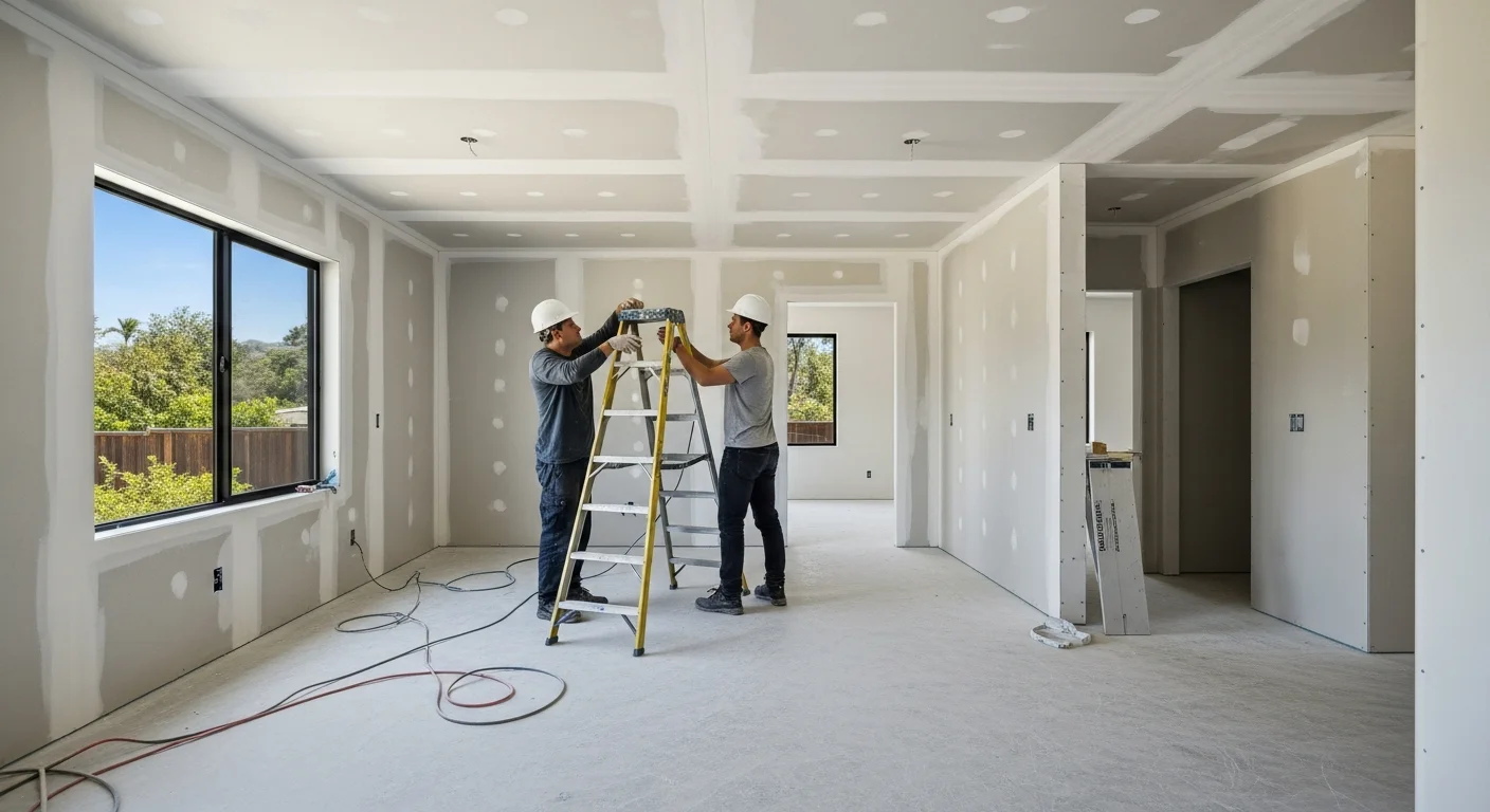 A freshly finished drywall wall and ceiling inside a Pacific Palisades home renovation, showing smooth, seam-free surfaces ready for paint. The room reflects the open interior layout common in coastal Los Angeles residential remodels.