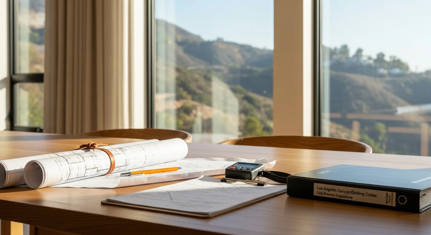 A Pacific Palisades homeowner and a contractor from All About Construction INC reviewing renovation plans inside a single-family home. The consultation takes place in a living space with hillside views visible through the window.