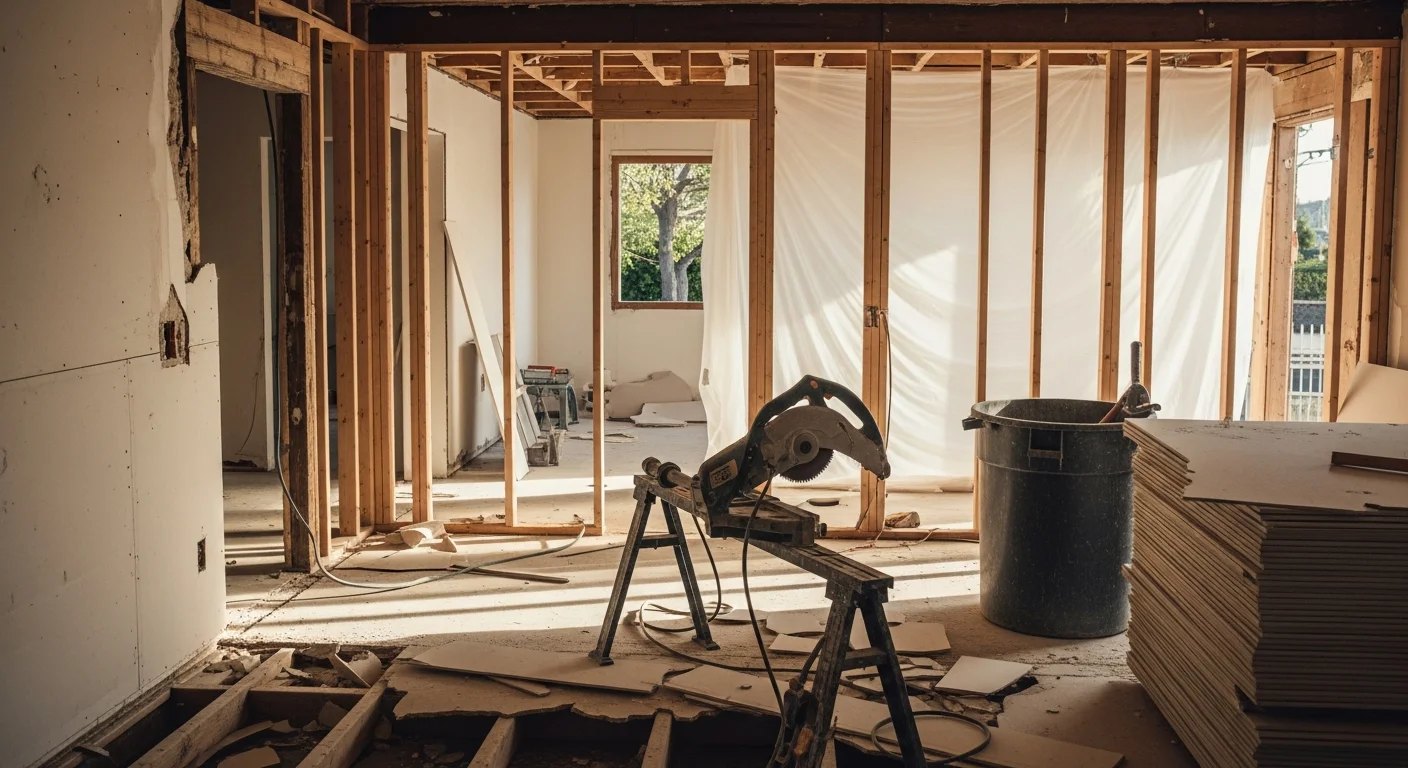 Interior demolition in progress inside a Pacific Palisades home, with walls stripped to the studs and debris staged for removal. The surrounding structure and flooring outside the work zone remain intact and protected.