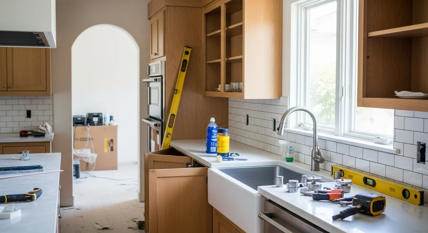 Remodeled kitchen interior inside a Pacific Palisades single-family home, showing new cabinetry, updated countertops, and a reconfigured open layout. Natural light from west-facing windows highlights the finished surfaces and updated fixtures.
