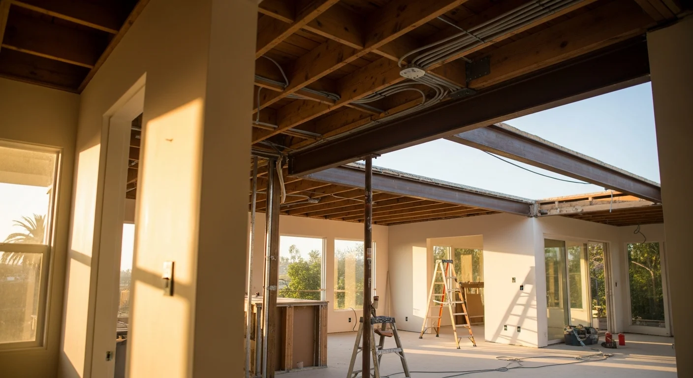 A finished open concept living and kitchen area inside a Pacific Palisades home, showing a removed wall replaced by a structural beam, with natural light reaching across the connected dining and living space. The remodel was completed by All About Construction INC as part of a home renovation project in Pacific Palisades, CA.